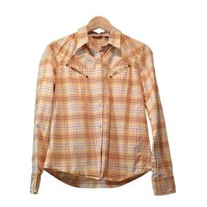American Eagle Womens Orange Plaid Pearl Snap Shirt Size Medium Country Western